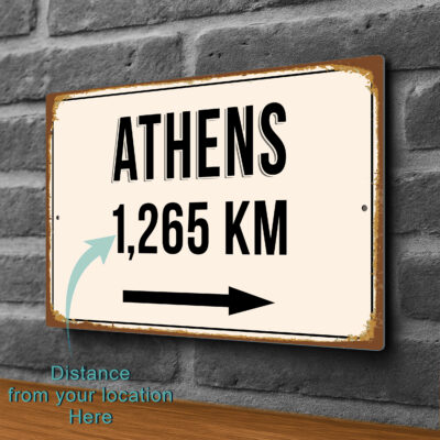 Athens City Distance Sign | Custom Location Sign | City Travel Souvenir | Add any Miles or KM