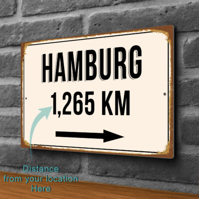 Hamburg City Distance Sign | Custom Location Sign | City Travel Souvenir | Add any Miles or KM
