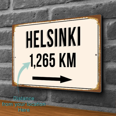 Helsinki City Distance Sign | Custom Location Sign | City Travel Souvenir | Add any Miles or KM