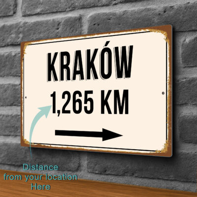 Krakow City Distance Sign | Custom Location Sign | City Travel Souvenir | Add any Miles or KM
