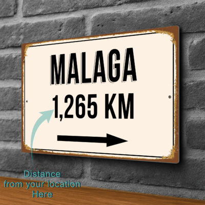 Malaga City Distance Sign | Custom Location Sign | City Travel Souvenir | Add any Miles or KM