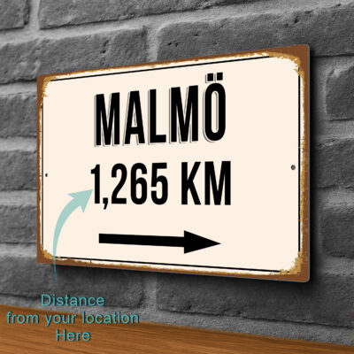 Malmo City Distance Sign | Custom Location Sign | City Travel Souvenir | Add any Miles or KM