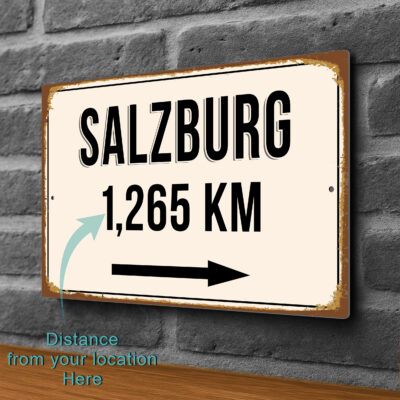 Salzburg City Distance Sign | Custom Location Sign | City Travel Souvenir | Add any Miles or KM