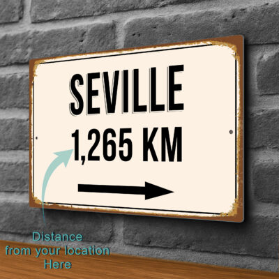 Seville City Distance Sign | Custom Location Sign | City Travel Souvenir | Add any Miles or KM