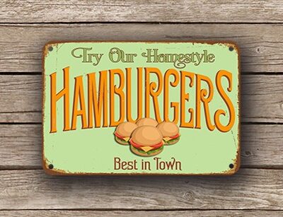 Hamburgers Sign Vintage Style – Vintage Style, Fade Resistant UV Print, Durable Weatherproof Aluminum Composite, Pre-Drilled Mounting Holes
