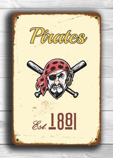 Pittsburgh Pirates Sign - Historic Steel City MLB Theme, Polished Industrial Aesthetic, Black & Gold Established Plate, Timeless Baseball Wall Art