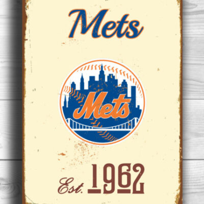 New York Mets Sign - Antique Queens Gridiron Graphic, Heavy Duty Exterior Grade Plaque, Bold Blue & Orange Logo Marker, Unique Fan Cave Souvenir