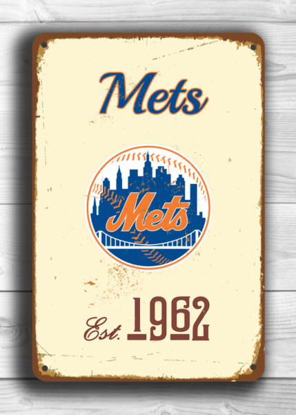 New York Mets Sign - Antique Queens Gridiron Graphic, Heavy Duty Exterior Grade Plaque, Bold Blue & Orange Logo Marker, Unique Fan Cave Souvenir