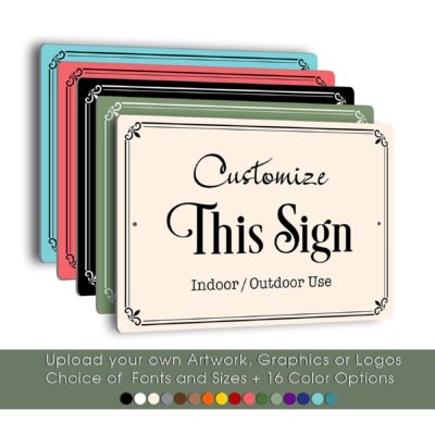Stack of customizable decorative metal signs in multiple colors including cream, sage green, black, coral, and teal, with ornate border design and bold custom text