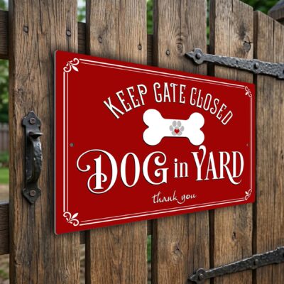 Keep Gate Closed Dog in Yard Sign, Weatherproof Outdoor Aluminum Security Fence Plaque