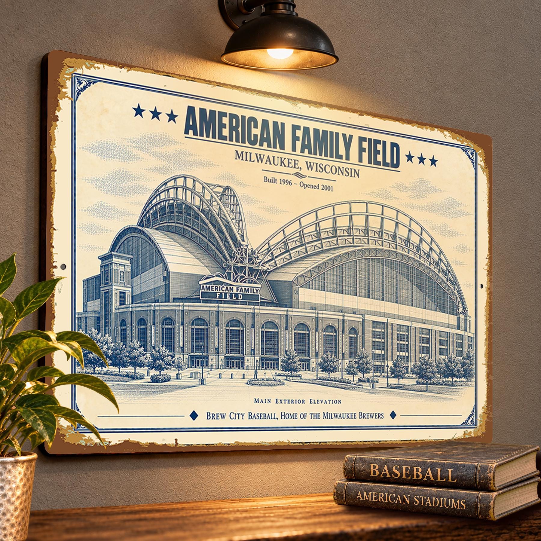 American Family Field Blueprint Wall Plaque, Milwaukee Brewers Fan Gift, Vintage Baseball Decor