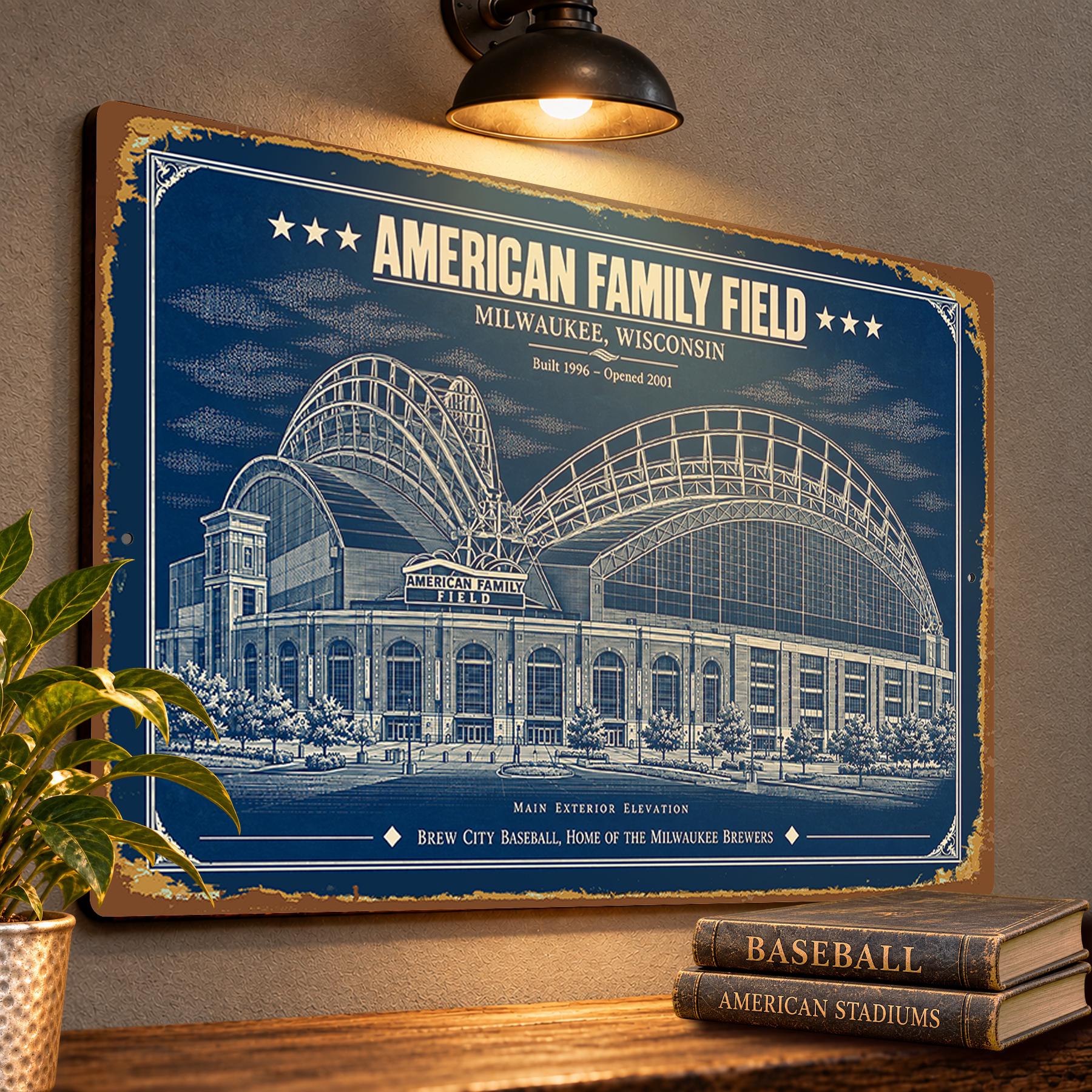 American Family Field Blueprint Wall Plaque, Milwaukee Brewers Fan Gift, Vintage Baseball Decor