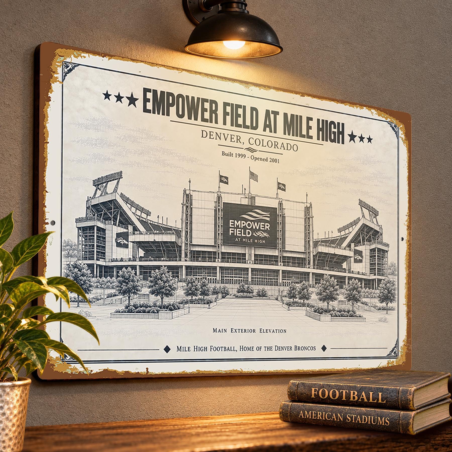 Empower Field at Mile High Blueprint Plaque, Denver Broncos Fan Gift, Vintage Stadium Art