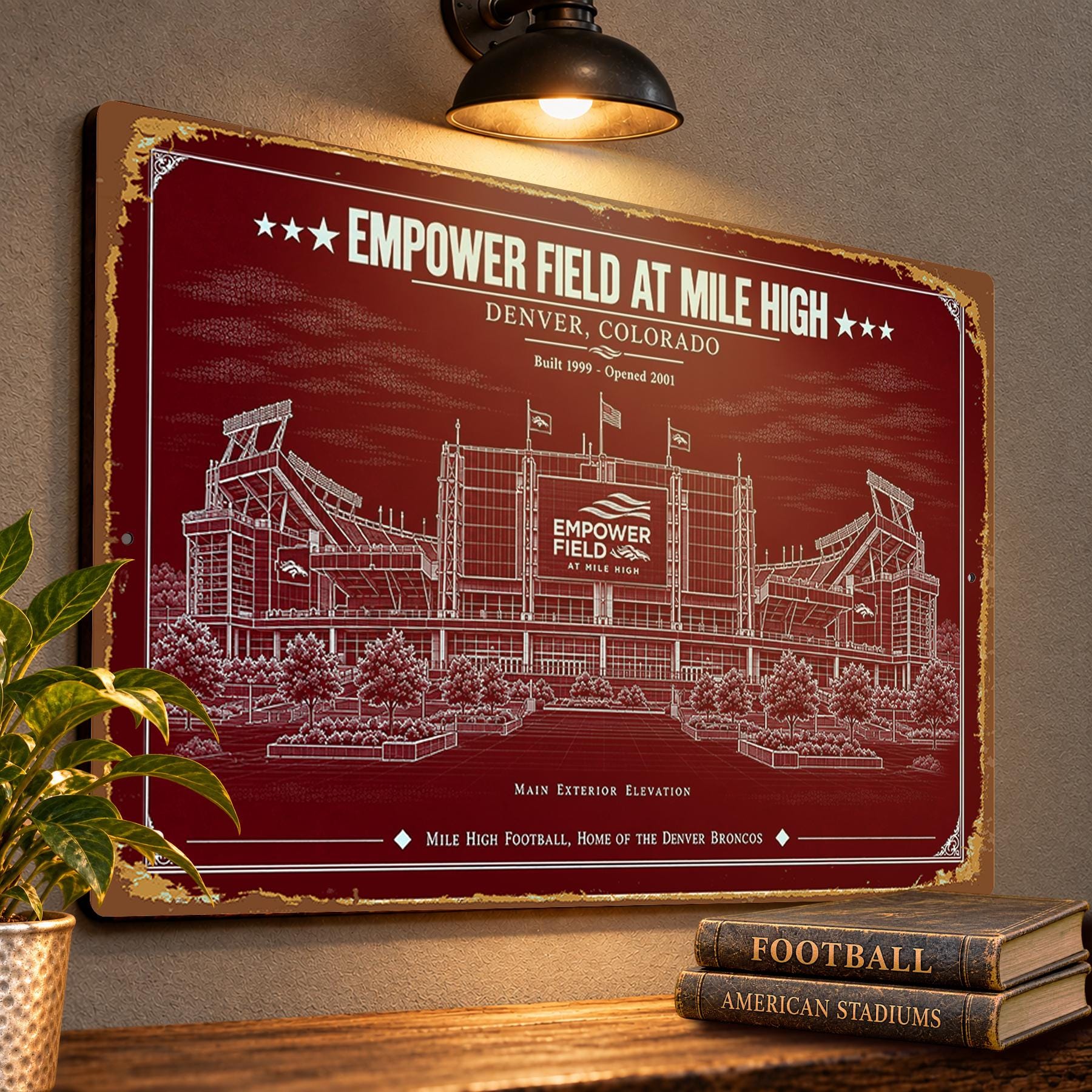 Empower Field at Mile High Blueprint Plaque, Denver Broncos Fan Gift, Vintage Stadium Art