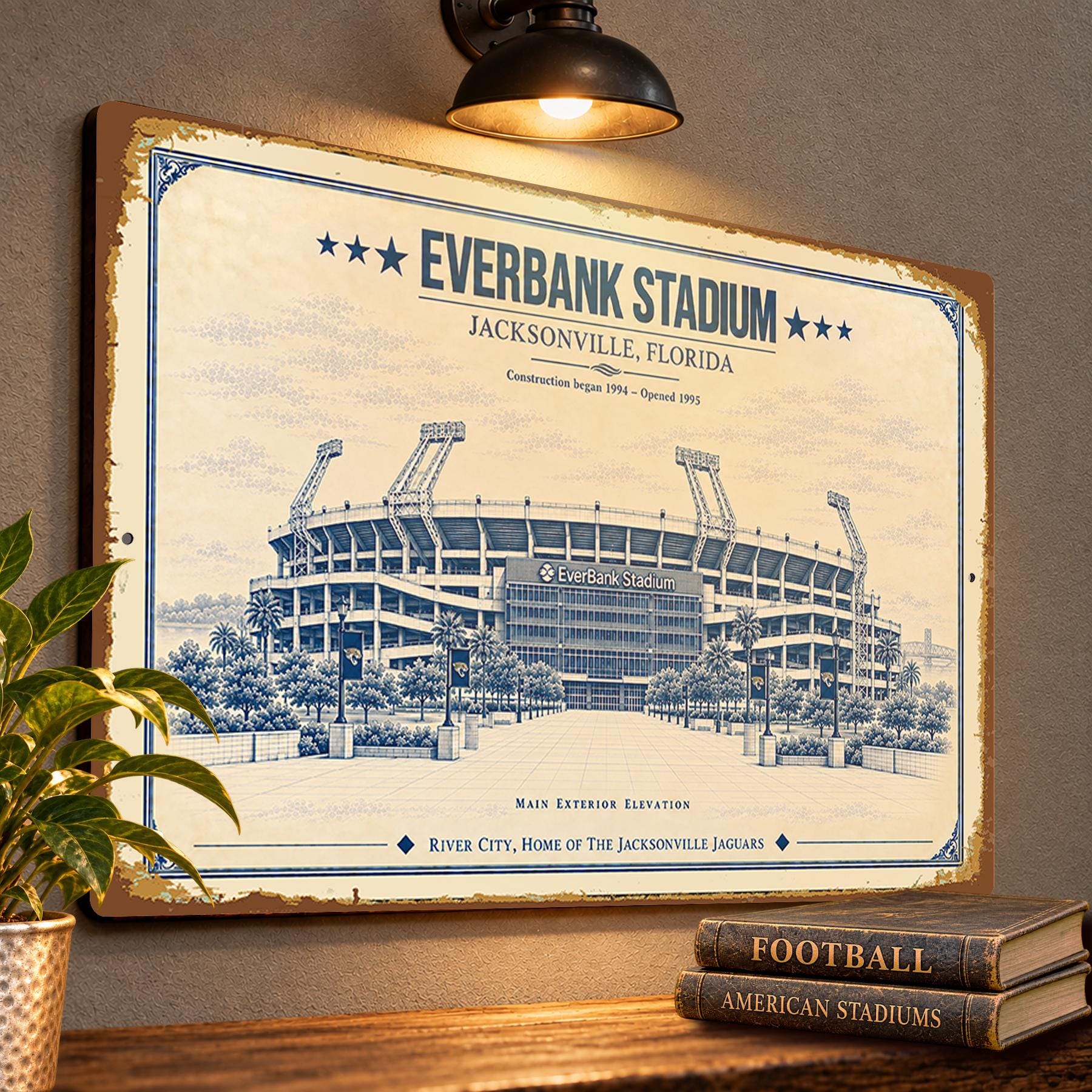 EverBank Stadium Blueprint Wall Plaque, Jacksonville Jaguars Fan Gift, Vintage Football Art