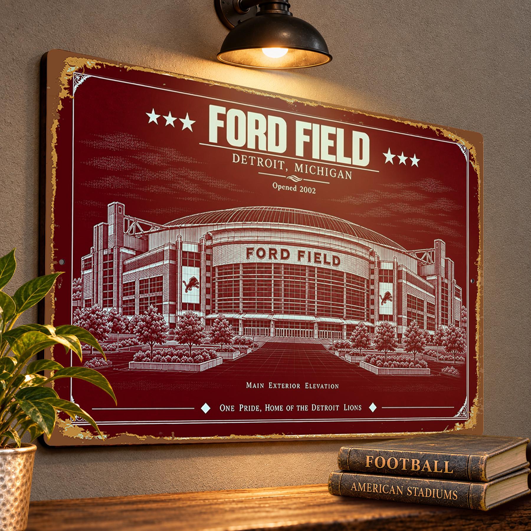 Ford Field Blueprint Wall Plaque, Detroit Lions Fan Gift, Vintage Stadium Art
