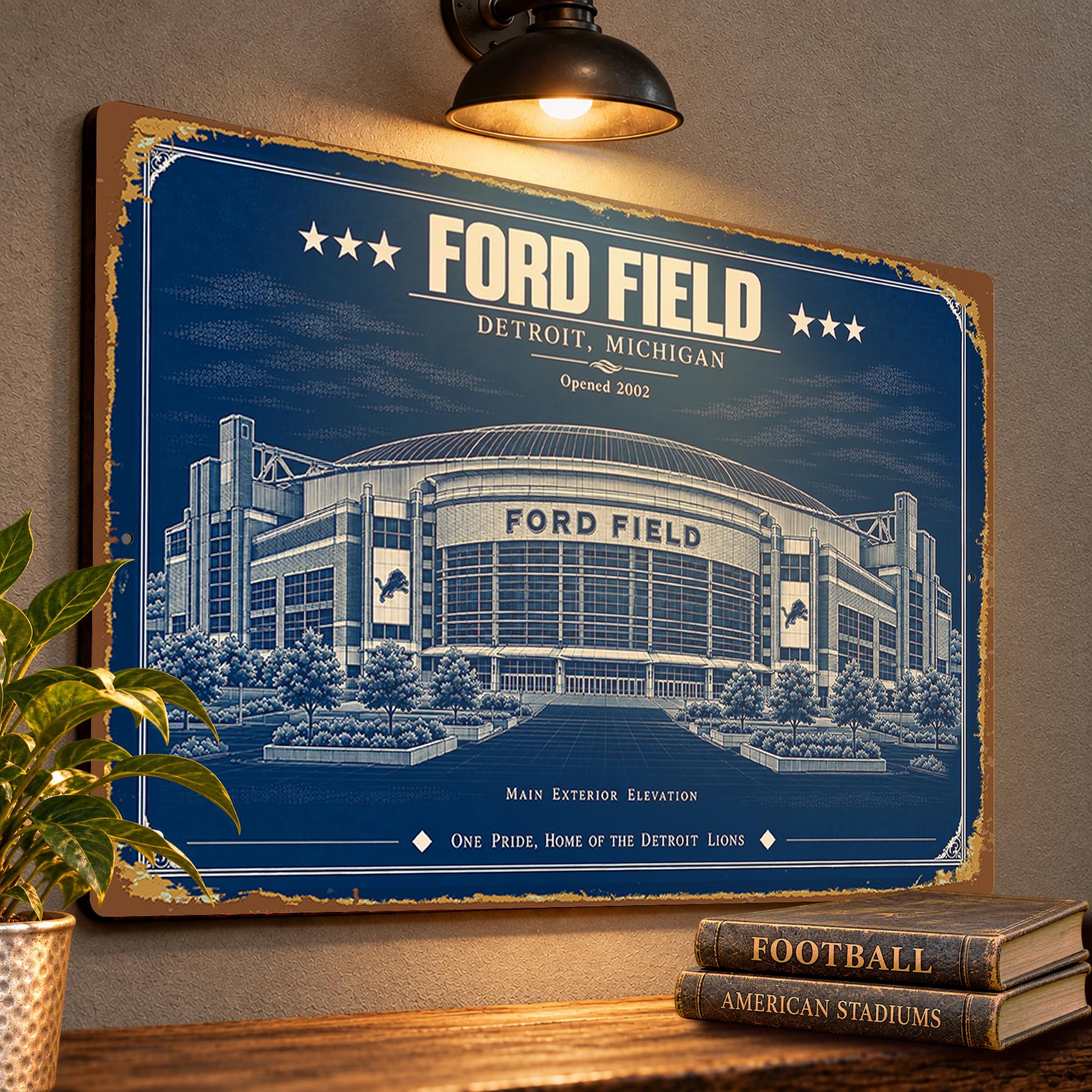 Ford Field Blueprint Wall Plaque, Detroit Lions Fan Gift, Vintage Stadium Art