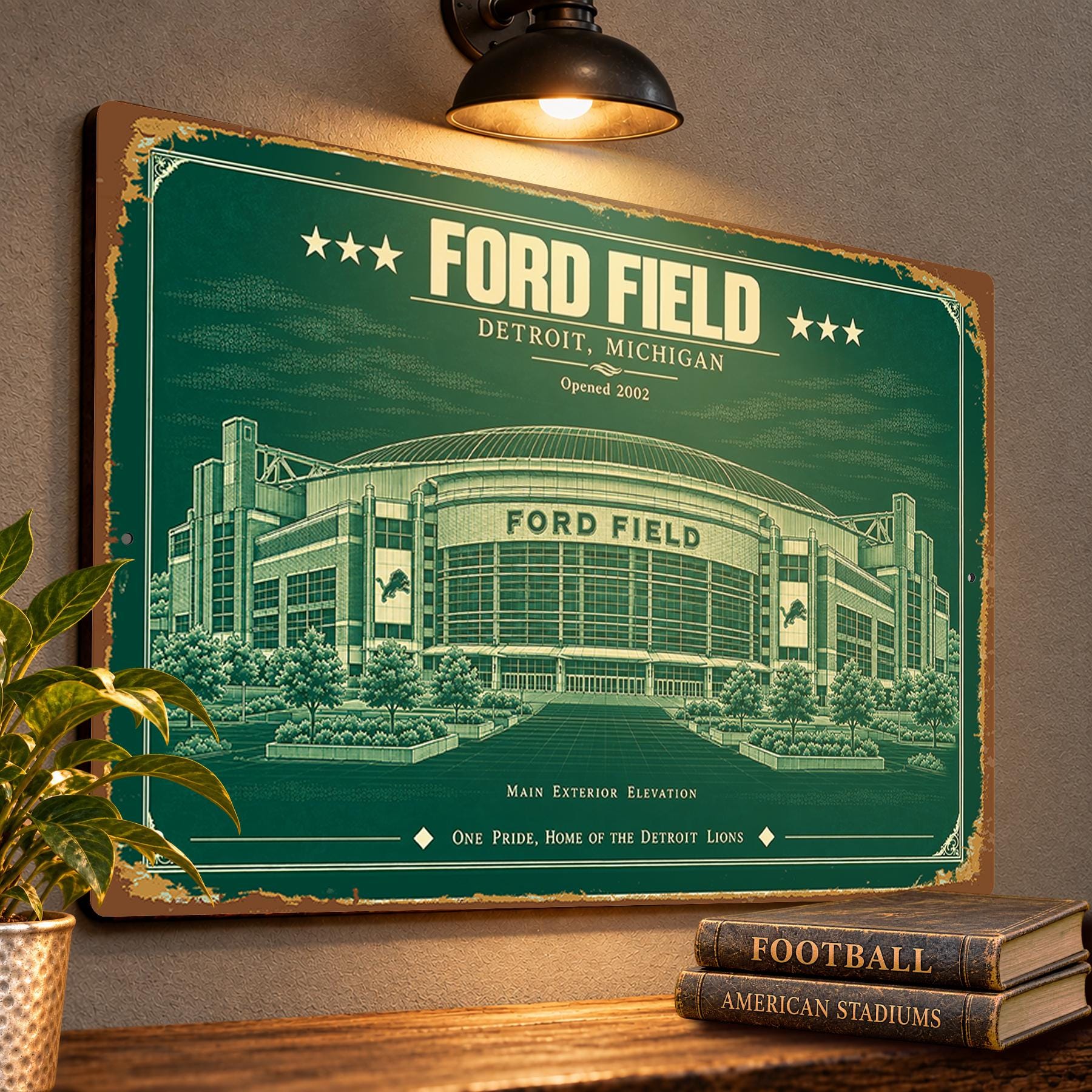 Ford Field Blueprint Wall Plaque, Detroit Lions Fan Gift, Vintage Stadium Art