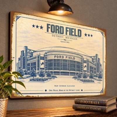 Ford Field Blueprint Wall Plaque, Detroit Lions Fan Gift, Vintage Stadium Art