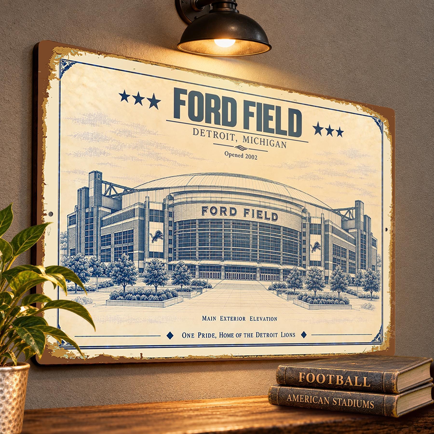 Ford Field Blueprint Wall Plaque, Detroit Lions Fan Gift, Vintage Stadium Art
