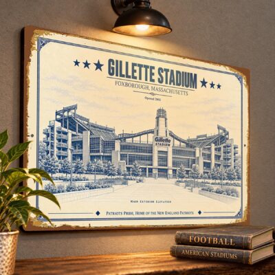 Gillette Stadium Blueprint Wall Plaque, New England Patriots Fan Gift, Vintage Football Art