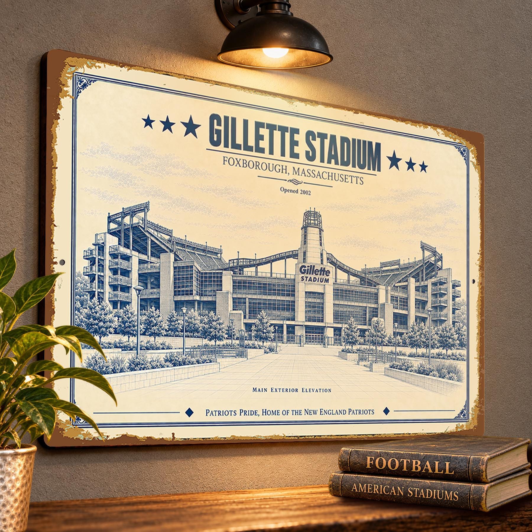 Gillette Stadium Blueprint Wall Plaque, New England Patriots Fan Gift, Vintage Football Art