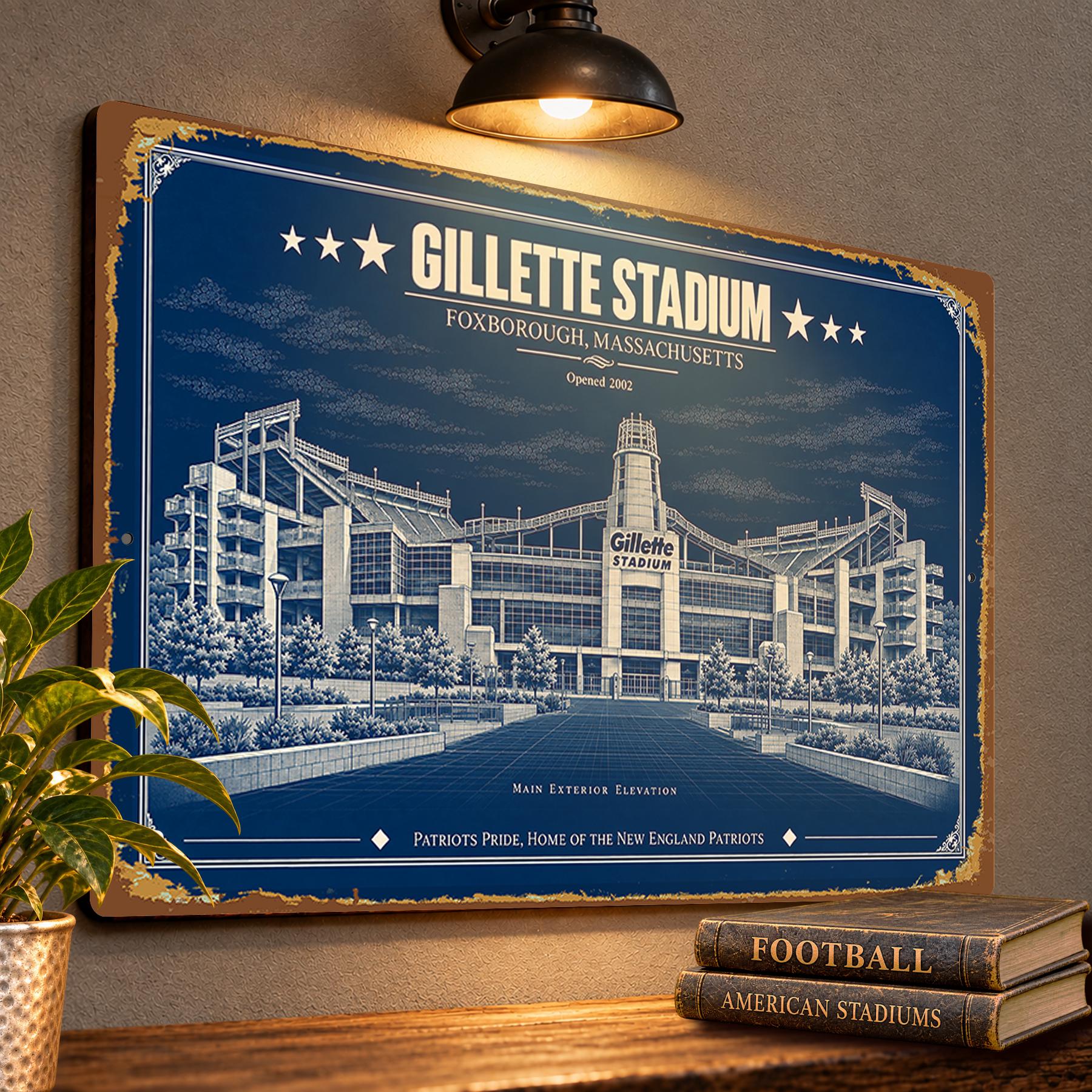 Gillette Stadium Blueprint Wall Plaque, New England Patriots Fan Gift, Vintage Football Art