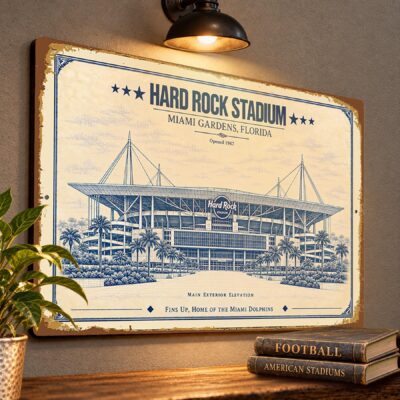 Hard Rock Stadium Blueprint Wall Plaque, Miami Dolphins Fan Gift, Vintage Football Art