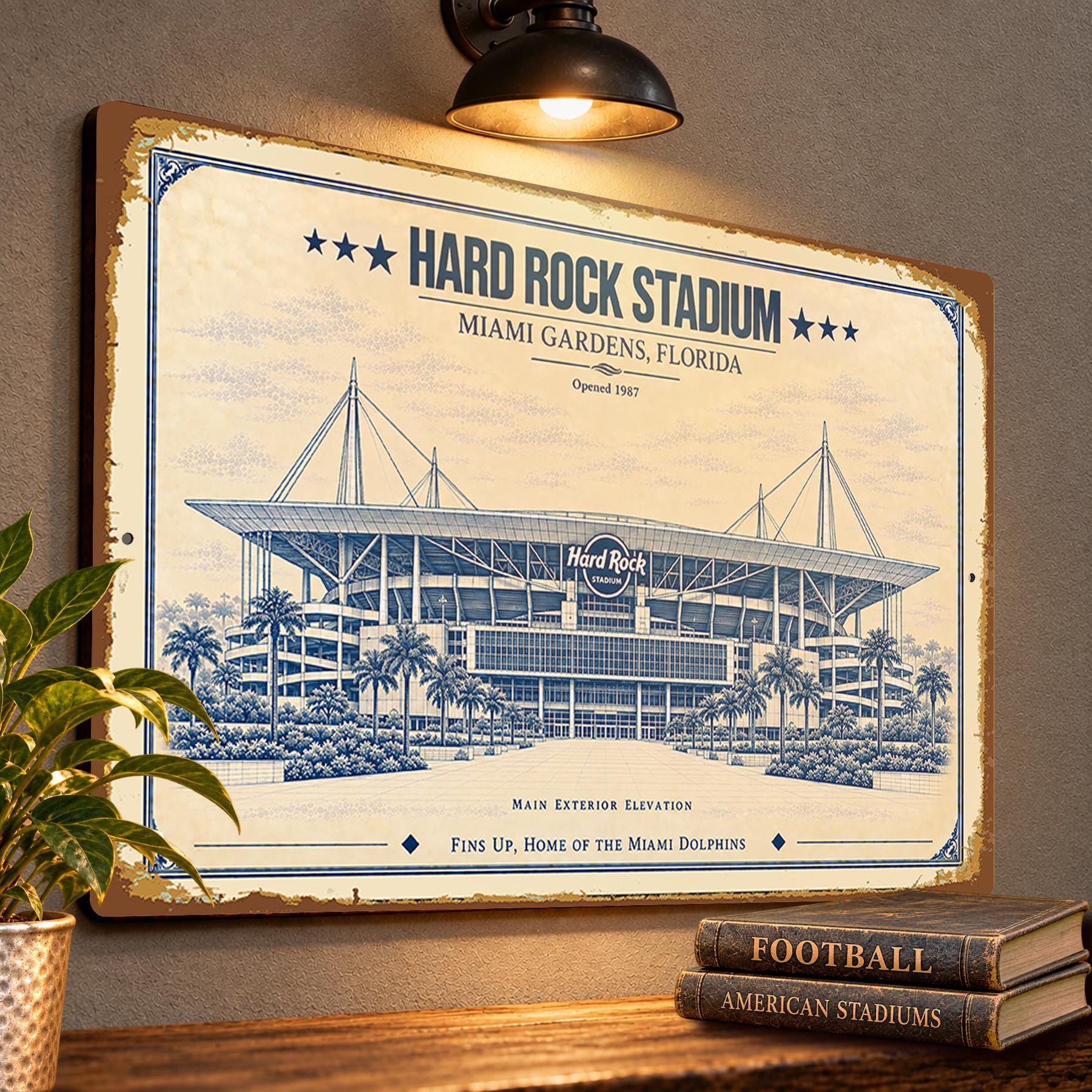Hard Rock Stadium Blueprint Wall Plaque, Miami Dolphins Fan Gift, Vintage Football Art