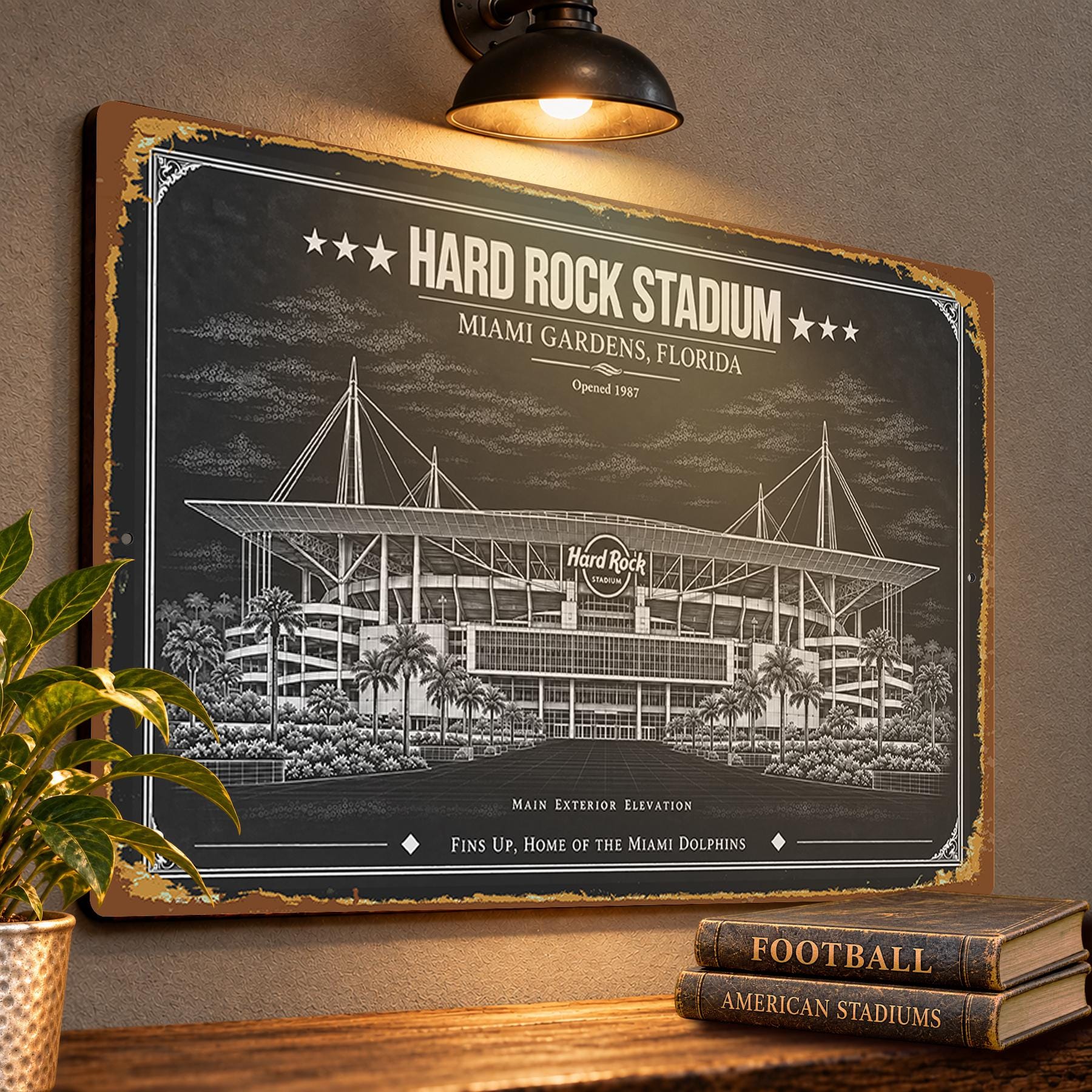 Hard Rock Stadium Blueprint Wall Plaque, Miami Dolphins Fan Gift, Vintage Football Art