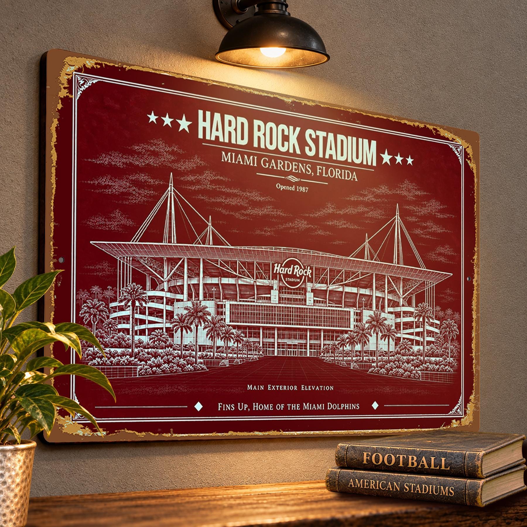 Hard Rock Stadium Blueprint Wall Plaque, Miami Dolphins Fan Gift, Vintage Football Art