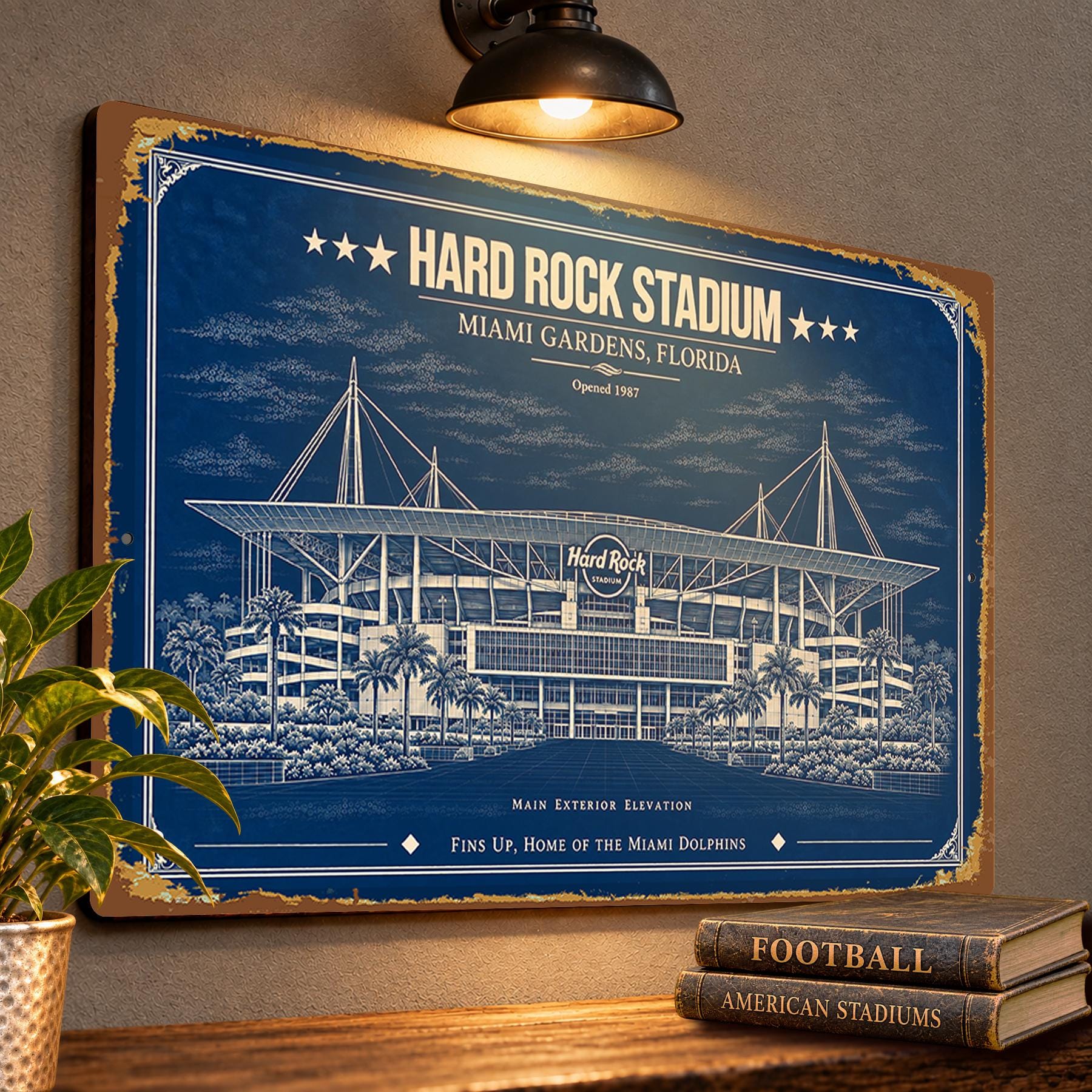 Hard Rock Stadium Blueprint Wall Plaque, Miami Dolphins Fan Gift, Vintage Football Art