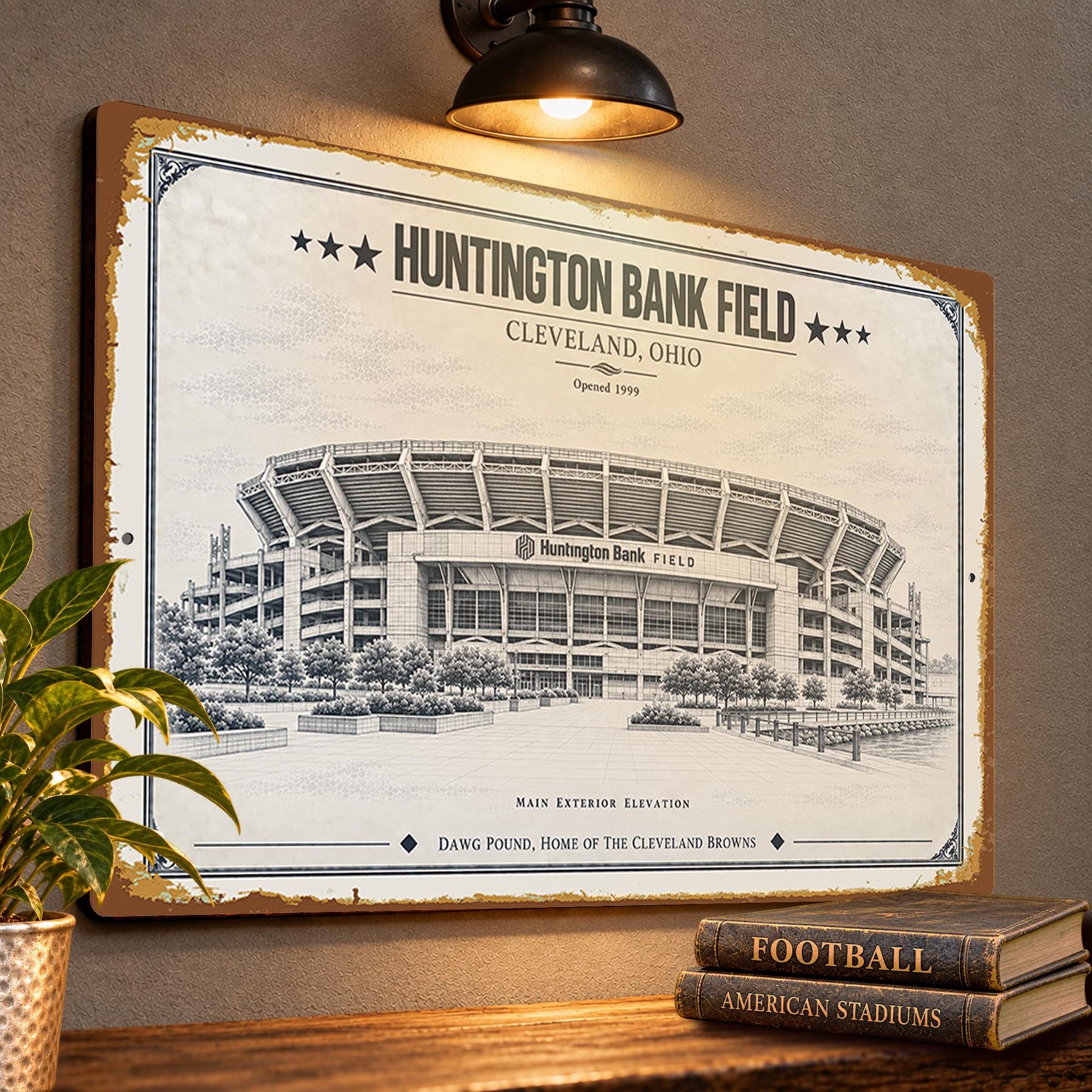 Huntington Bank Field Blueprint Wall Plaque, Cleveland Browns Fan Gift, Vintage Football Art