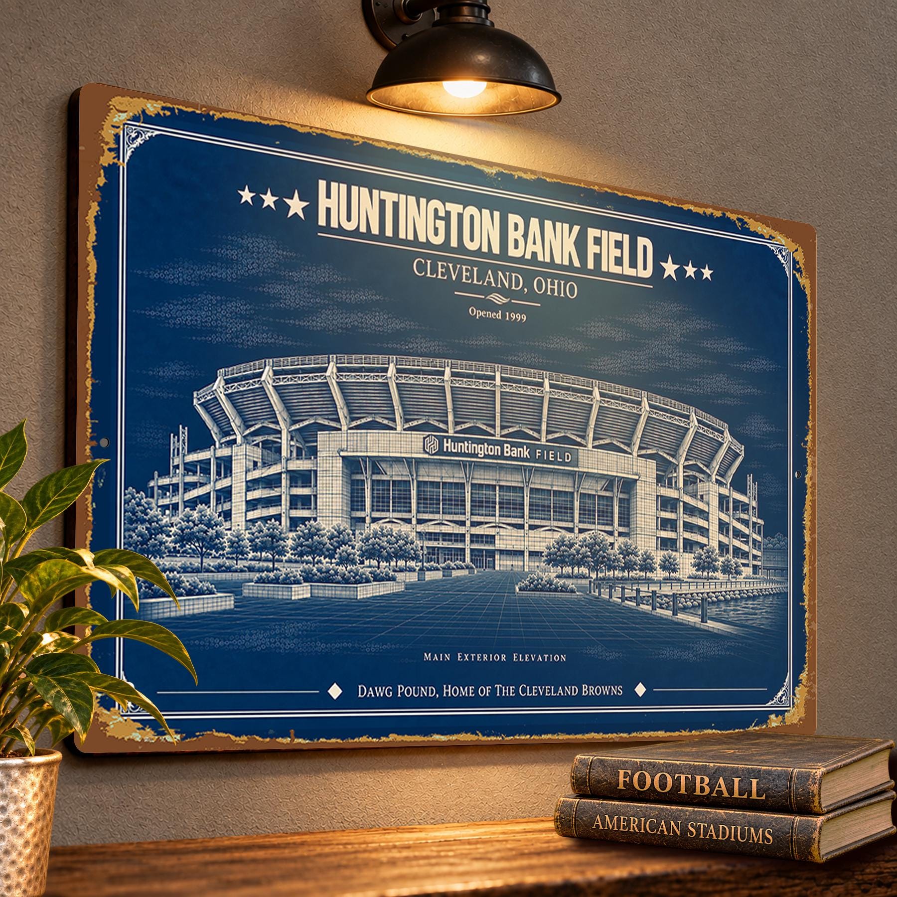 Huntington Bank Field Blueprint Wall Plaque, Cleveland Browns Fan Gift, Vintage Football Art