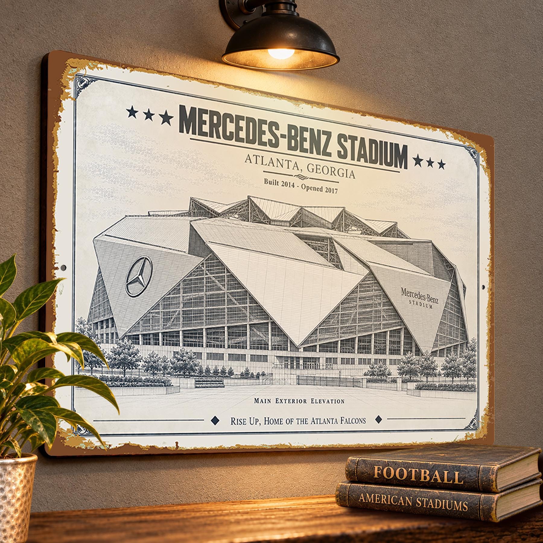 Mercedes-Benz Stadium Blueprint Wall Plaque, Atlanta Falcons Fan Gift, Vintage Architectural Football Art