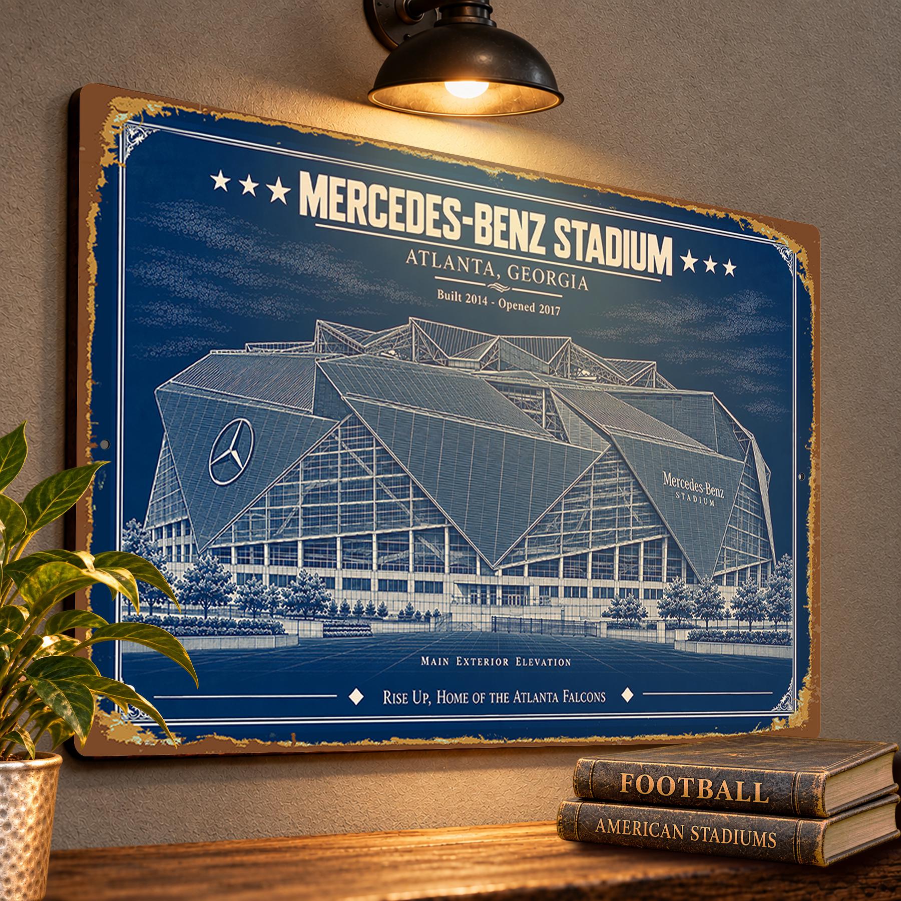 Mercedes-Benz Stadium Blueprint Wall Plaque, Atlanta Falcons Fan Gift, Vintage Architectural Football Art