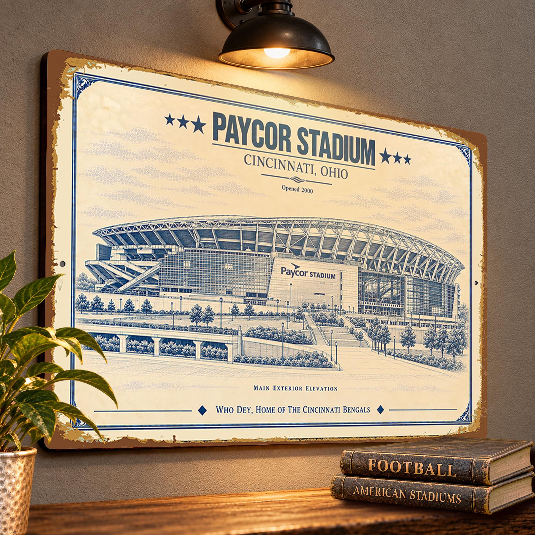 Paycor Stadium Blueprint Wall Plaque, Cincinnati Bengals Fan Gift, Vintage Football Art