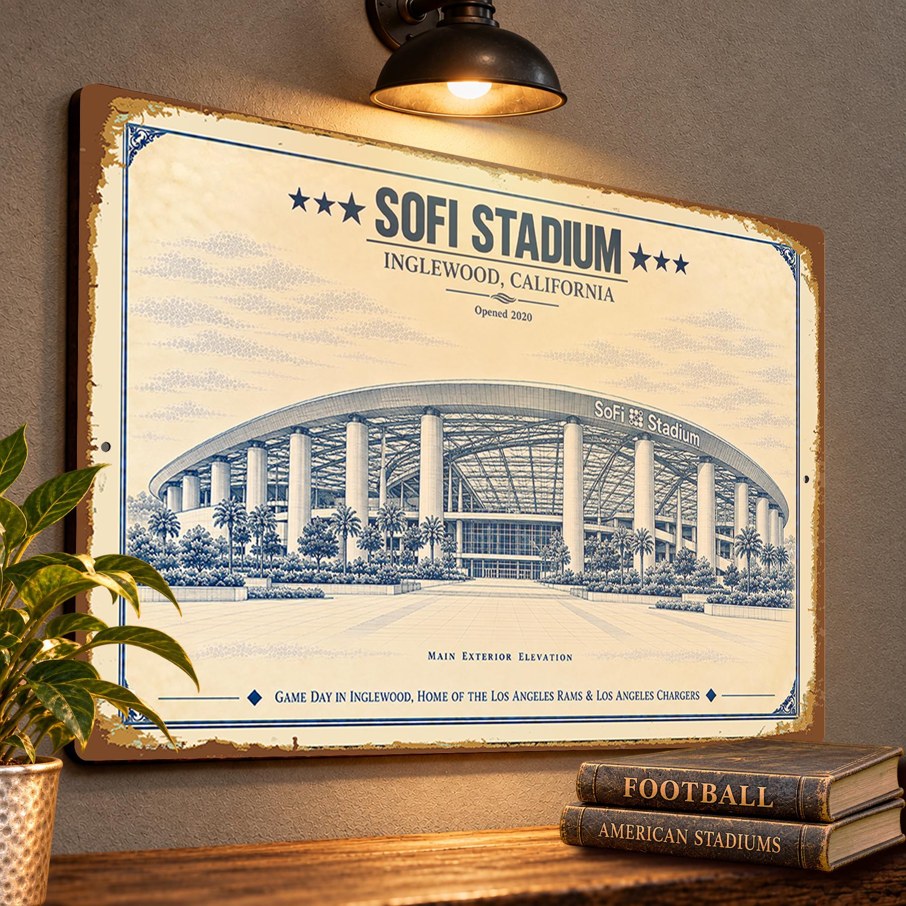 SoFi Stadium Blueprint Wall Plaque, Los Angeles Rams Chargers Fan Gift, Vintage Football Art