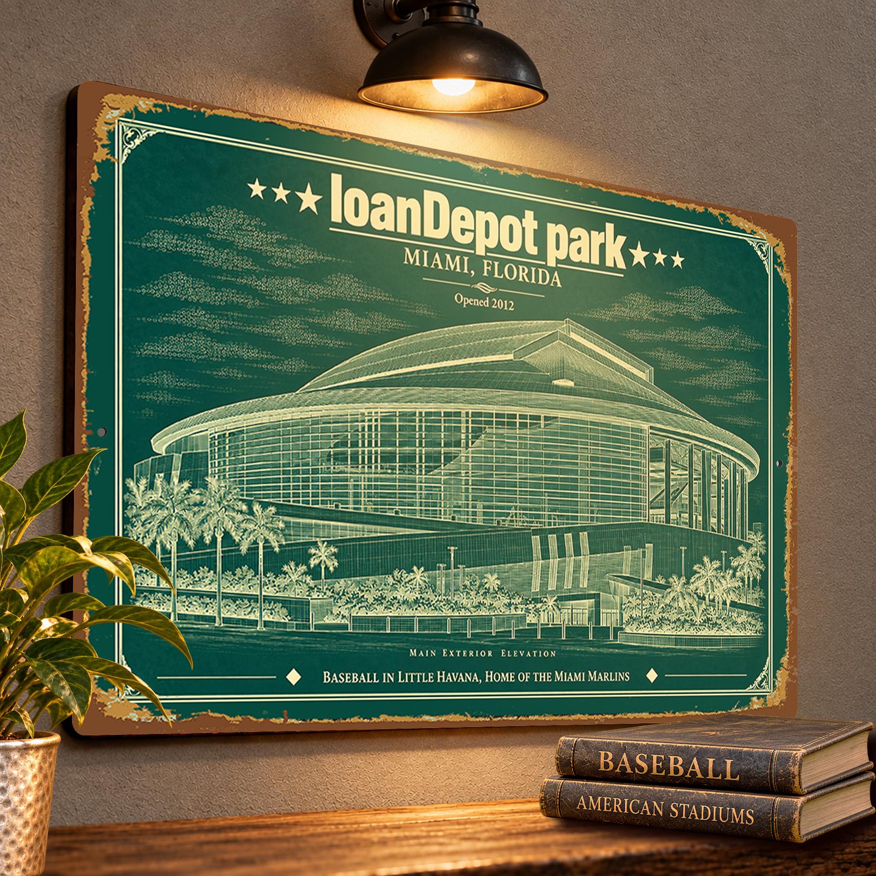 loanDepot Park Blueprint Wall Plaque, Miami Marlins Baseball Fan Gift, Vintage Stadium Art