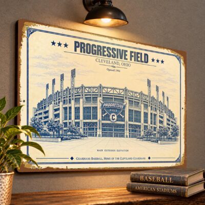 Progressive Field Blueprint Wall Plaque, Cleveland Guardians Baseball Fan Gift, Vintage Stadium Art