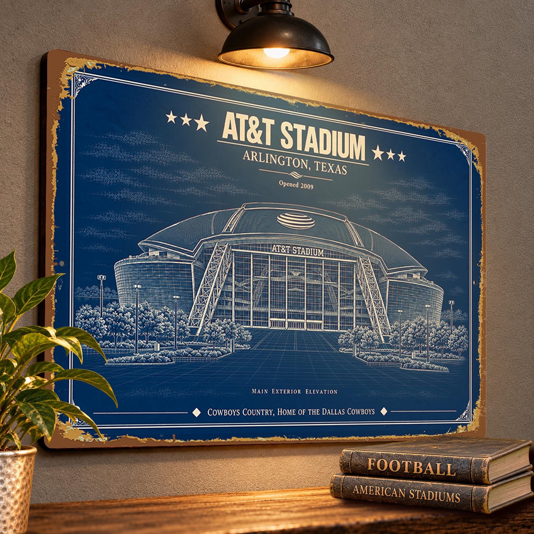 AT&T Stadium Blueprint Wall Plaque, Dallas Cowboys Fan Gift, Vintage Football Decor