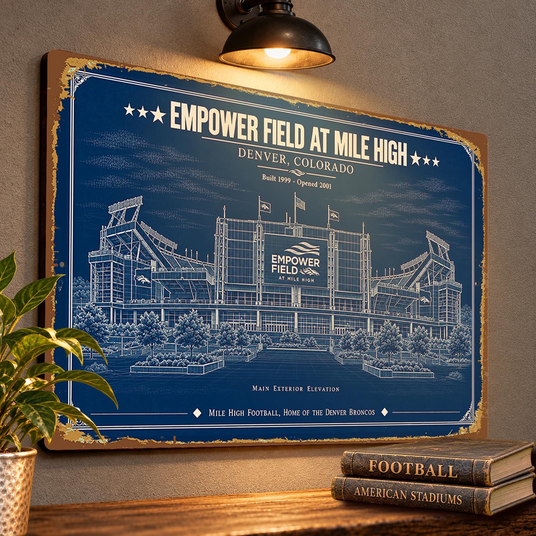 Empower Field at Mile High Blueprint Plaque, Denver Broncos Fan Gift, Vintage Stadium Art