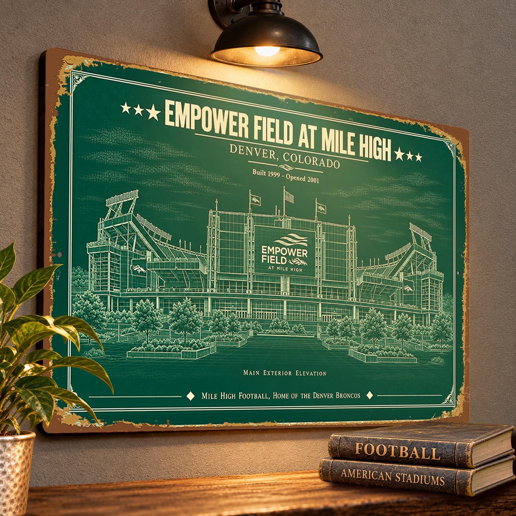 Empower Field at Mile High Blueprint Plaque, Denver Broncos Fan Gift, Vintage Stadium Art