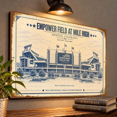 Empower Field at Mile High Blueprint Plaque, Denver Broncos Fan Gift, Vintage Stadium Art
