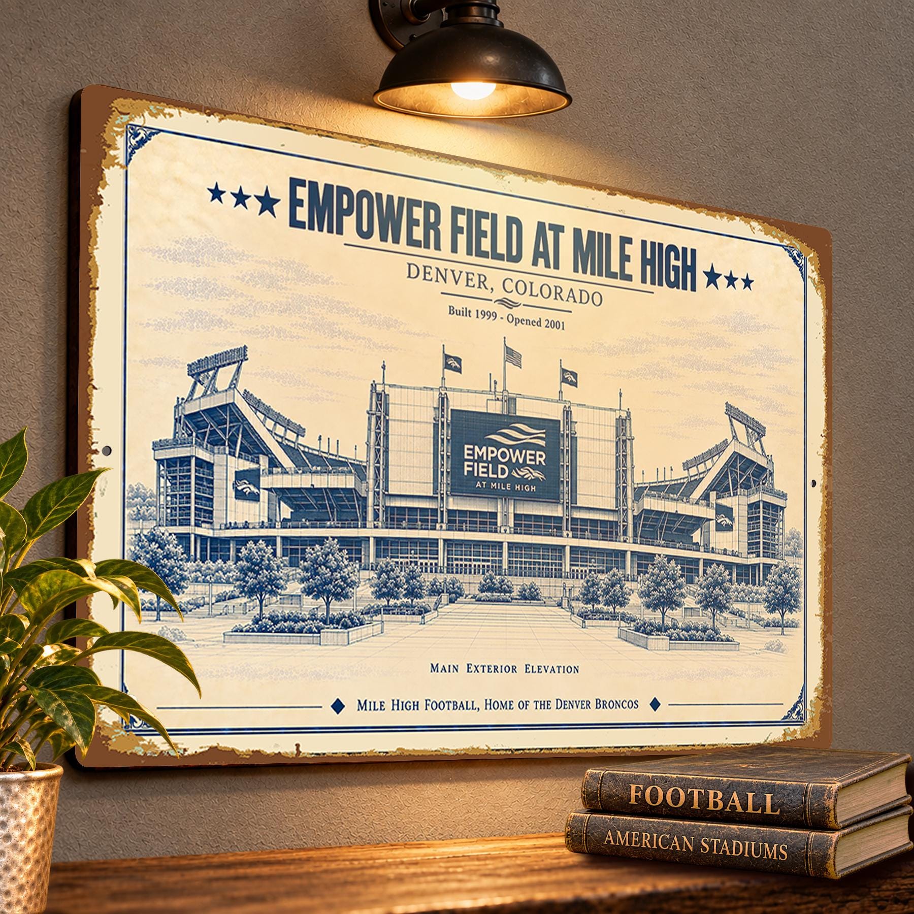 Empower Field at Mile High Blueprint Plaque, Denver Broncos Fan Gift, Vintage Stadium Art
