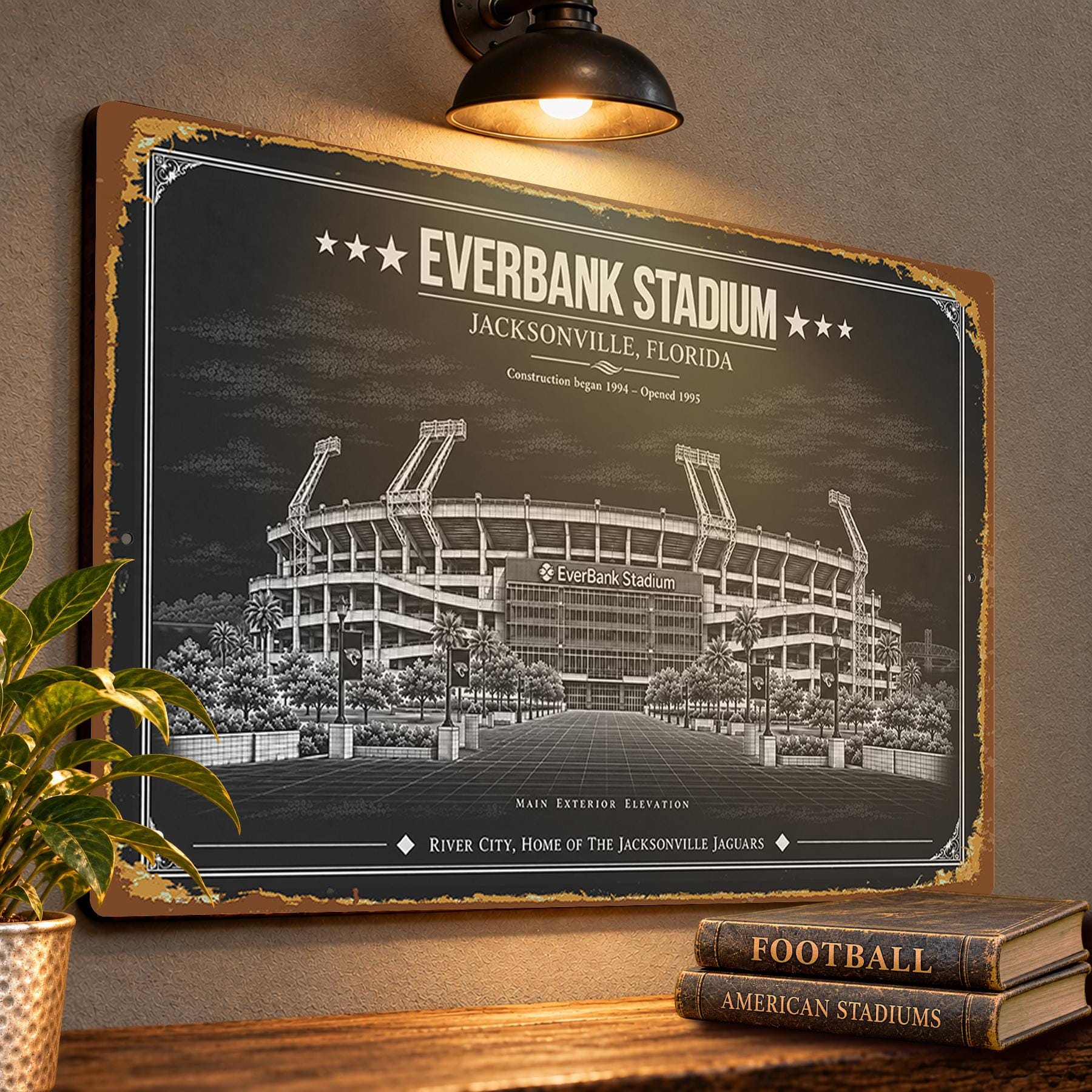 EverBank Stadium Blueprint Wall Plaque, Jacksonville Jaguars Fan Gift, Vintage Football Art