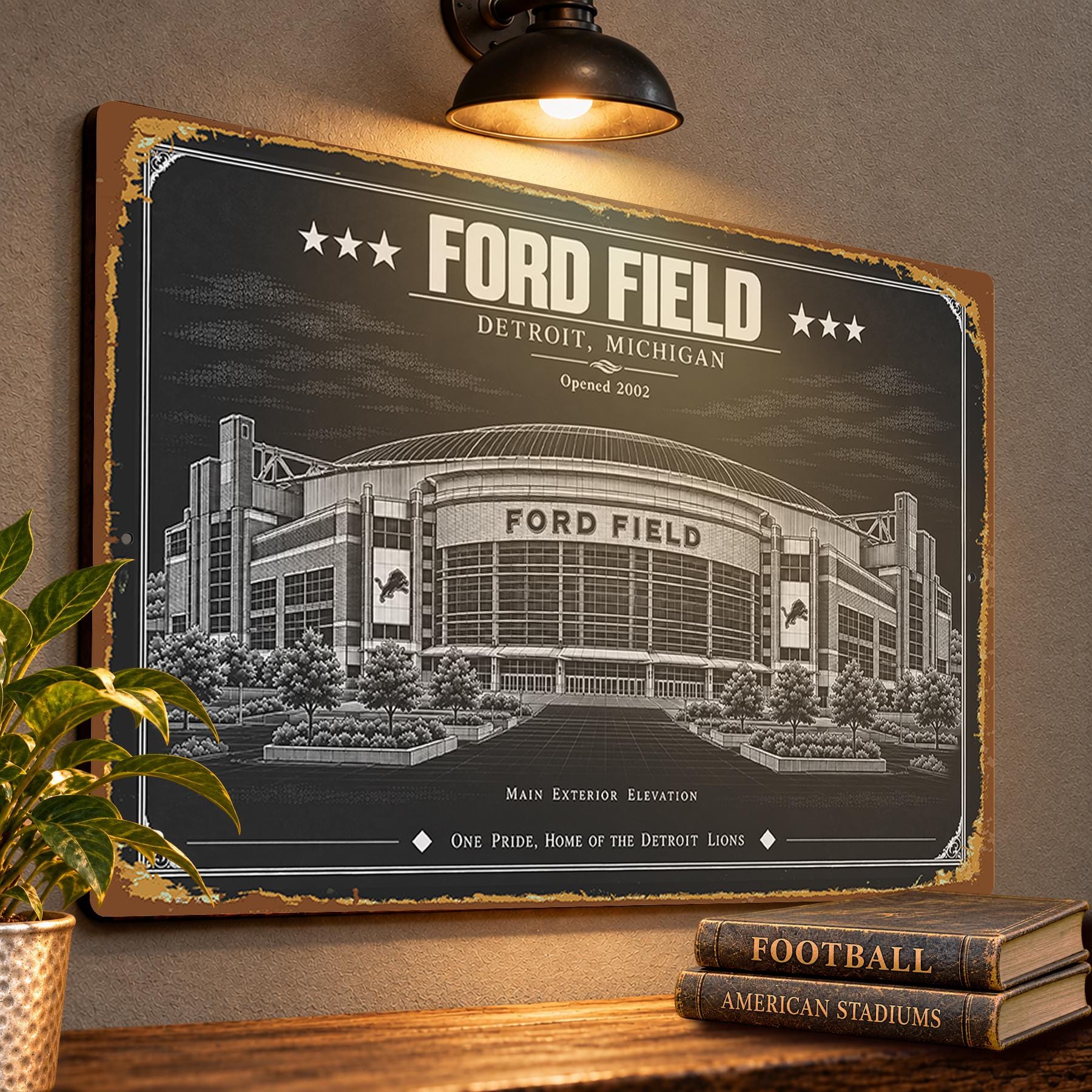 Ford Field Blueprint Wall Plaque, Detroit Lions Fan Gift, Vintage Stadium Art