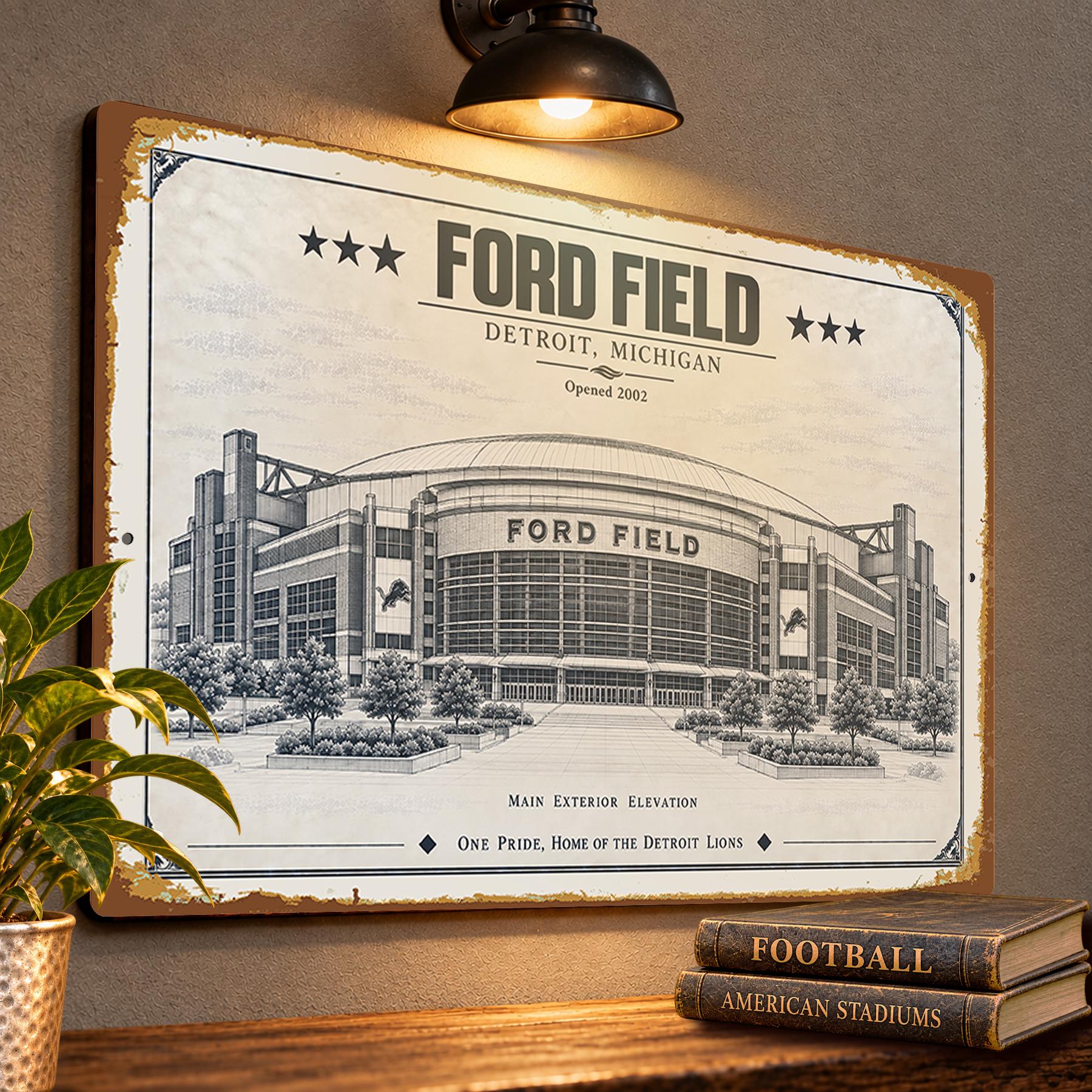 Ford Field Blueprint Wall Plaque, Detroit Lions Fan Gift, Vintage Stadium Art