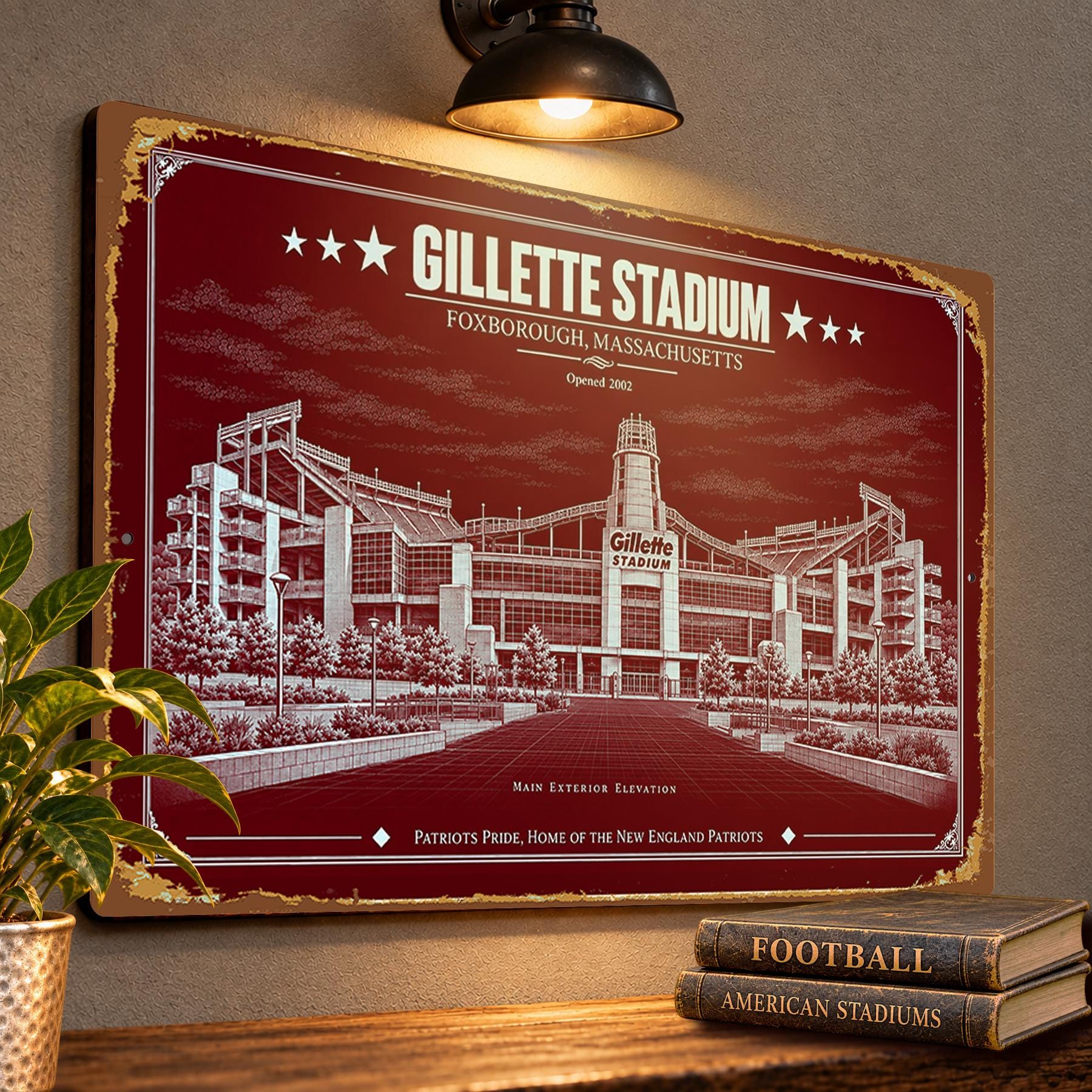 Gillette Stadium Blueprint Wall Plaque, New England Patriots Fan Gift, Vintage Football Art