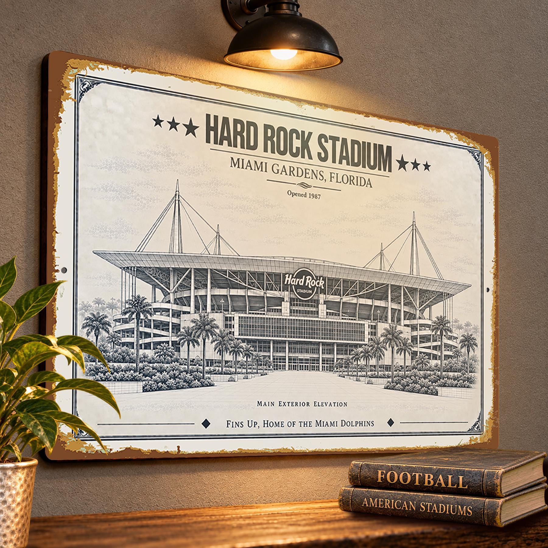 Hard Rock Stadium Blueprint Wall Plaque, Miami Dolphins Fan Gift, Vintage Football Art